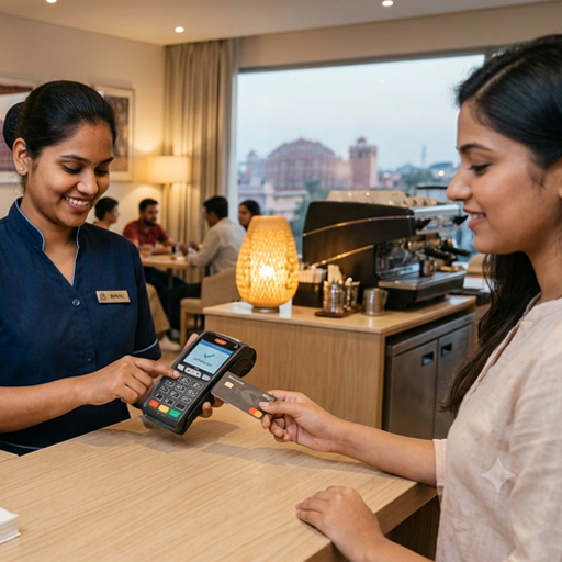 Waitress using POS system at restaurant